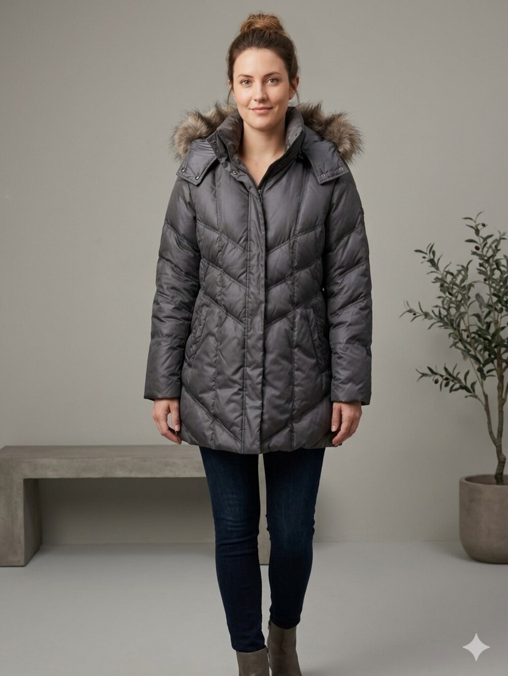 Marc New York Coat Down Filled Puffer with Fur Hood STEEL Color Size Large EUC
